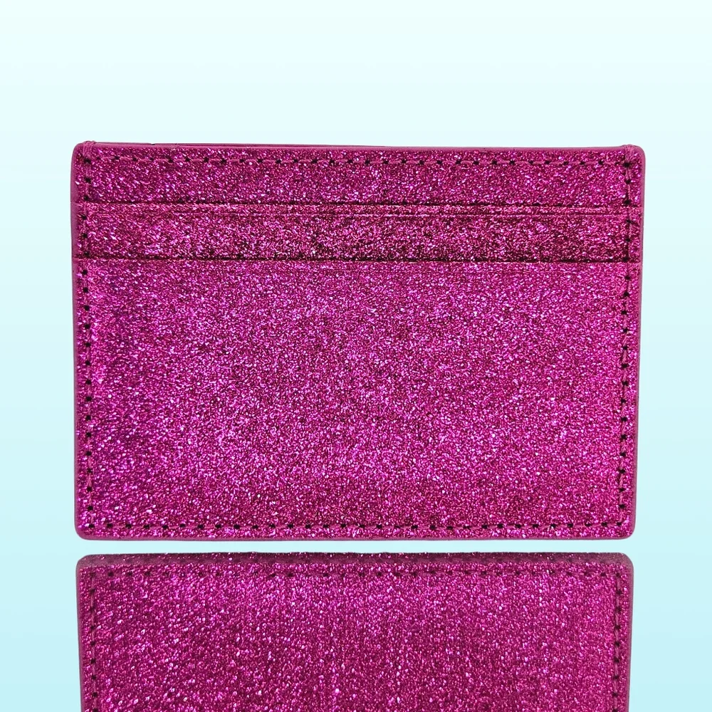 Rebecca Minkoff Card Case Wallet Hot Pink Leather Glitter Coated Sparkle Gift
